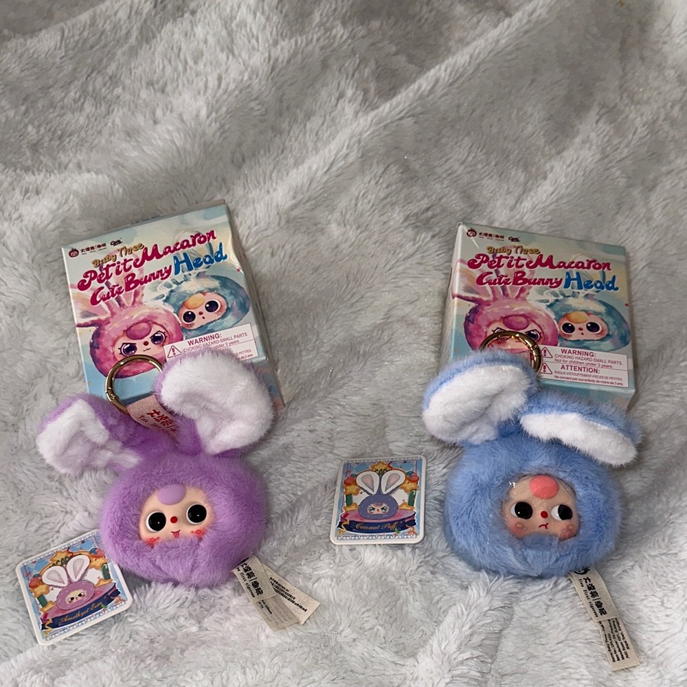 Baby Three Petit Macaron Cute Bunny Head in Coconut Puff and Amethyst Gem